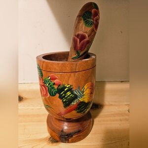 Hand-Painted Wooden Mortar & Pestle — Floral Design